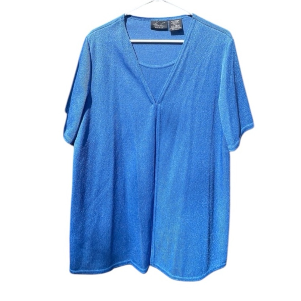 Women Vintage Katie Lee Blue Short Sleeve Double Layer Blouse